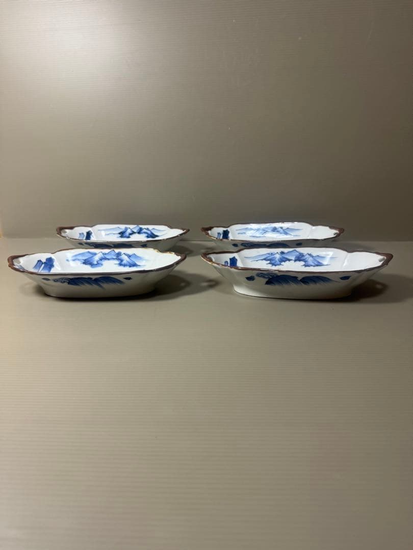 2110 明治大正 伊万里 舟形皿 4客　長山文製 染付山水　時代物