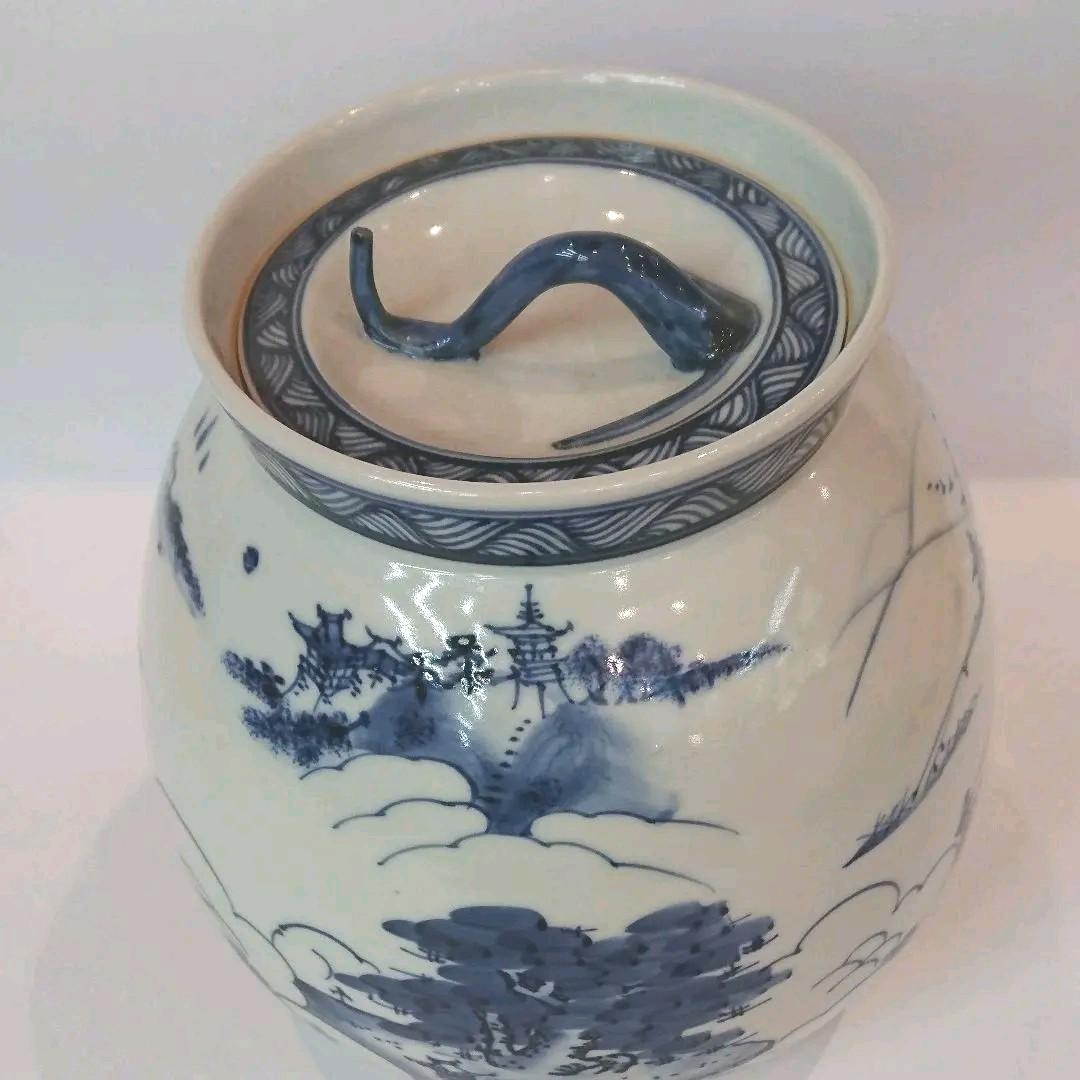 【茶道具】膳所焼 岩崎新定作 染付 近江八景絵 芋頭水指