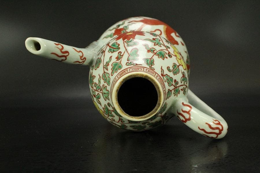 中国美術 赤絵 纏枝蓮花馬紋 瓢形 注瓶 高28cm(LC534)