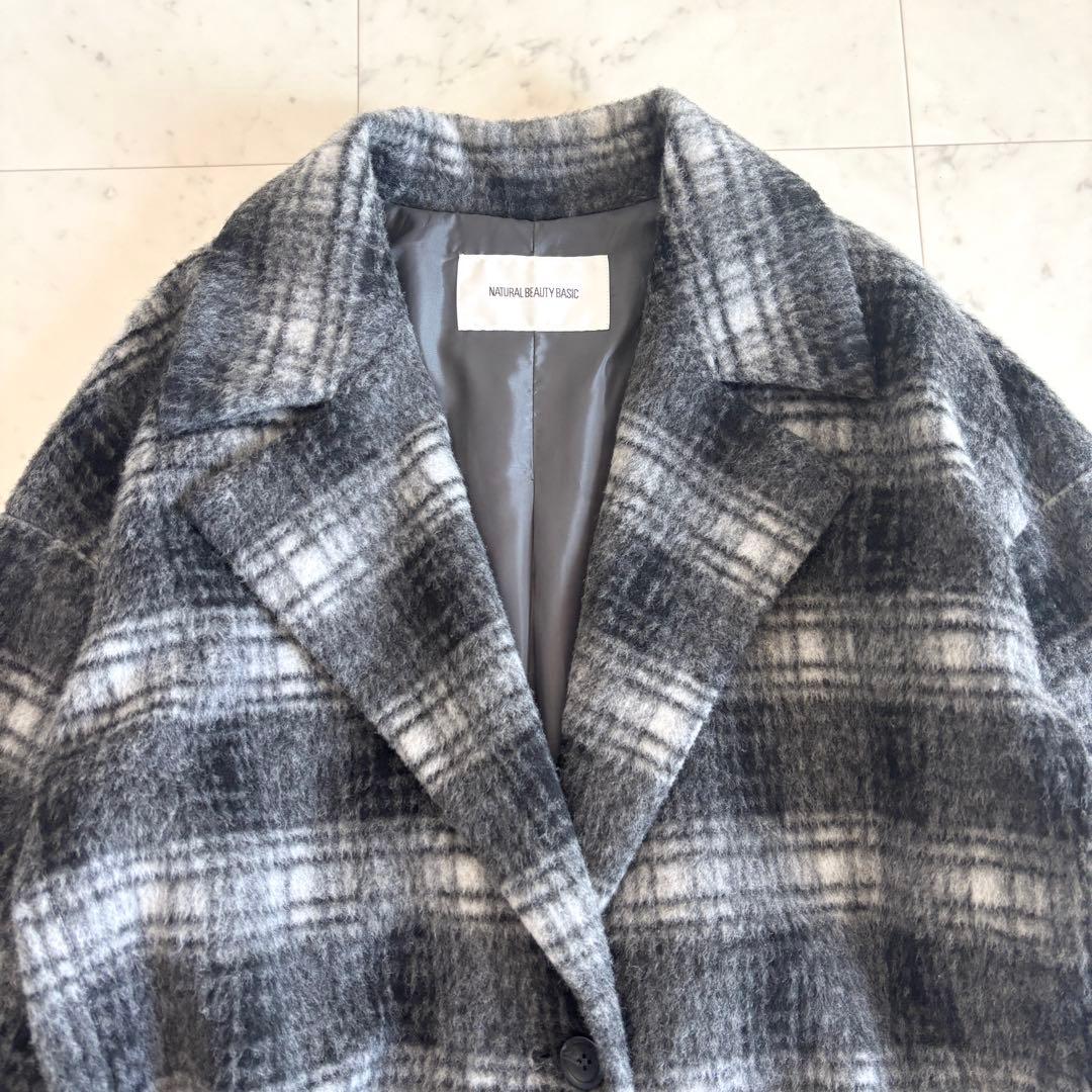 【美品】NBB シャギー チェスターコート ロング ゆったり チェック柄 M