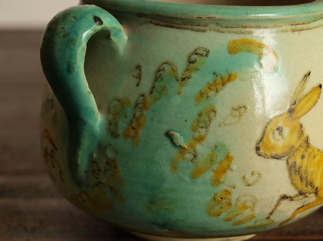 ウサギの模様の陶器のポット タラベラ カップ 古陶 ジャムポット/J663