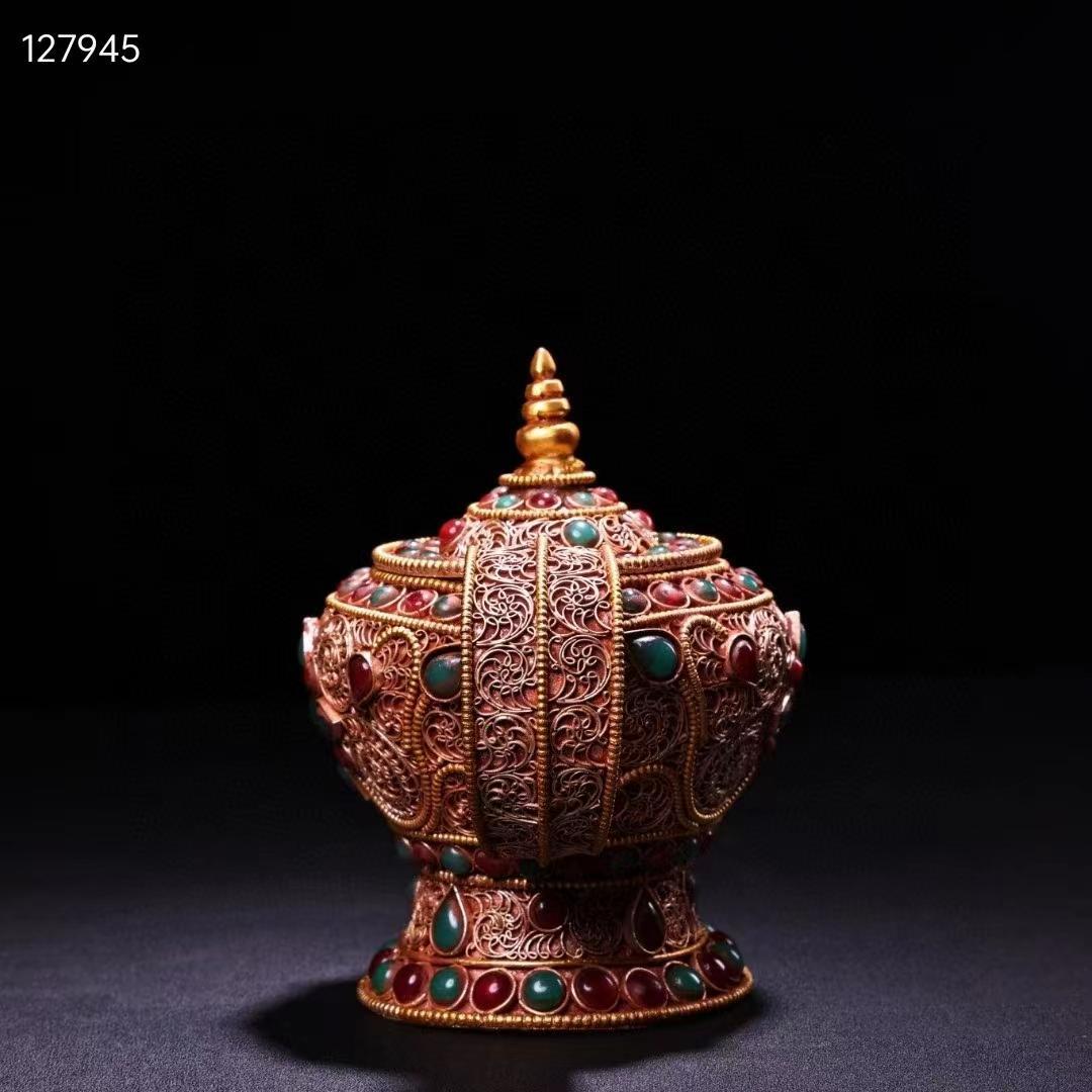 中国古美術・旧蔵收・純手作り・花糸古銅彫塗金宝石嵌酒壺・文房置物・純銅製・酒具