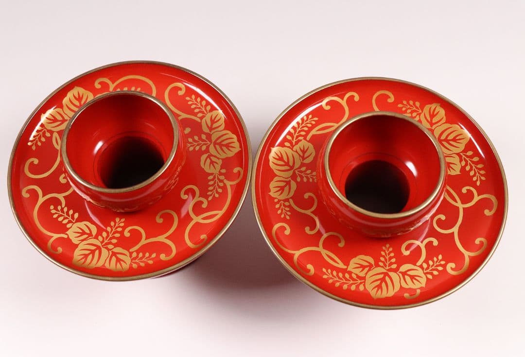 MA454 時代 桐唐草金蒔絵 朱塗 高茶台一対 天目台 赤絵 茶器 茶碗 木製