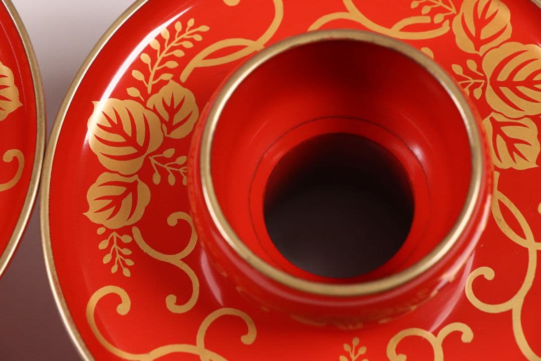 MA454 時代 桐唐草金蒔絵 朱塗 高茶台一対 天目台 赤絵 茶器 茶碗 木製