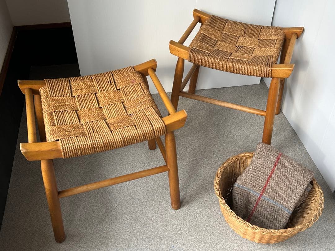 ヴィンテージ　木製スツール　木×ラッシ　編み　椅子　アンティーク　2脚　フット