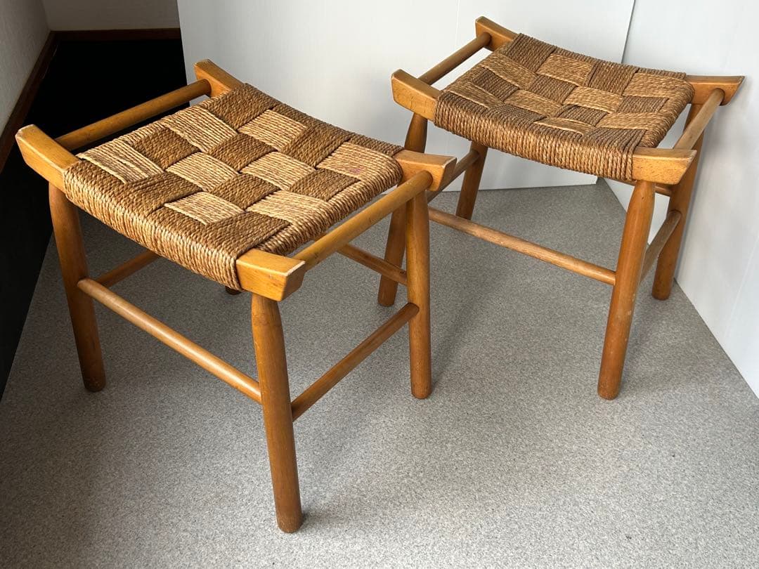 ヴィンテージ　木製スツール　木×ラッシ　編み　椅子　アンティーク　2脚　フット