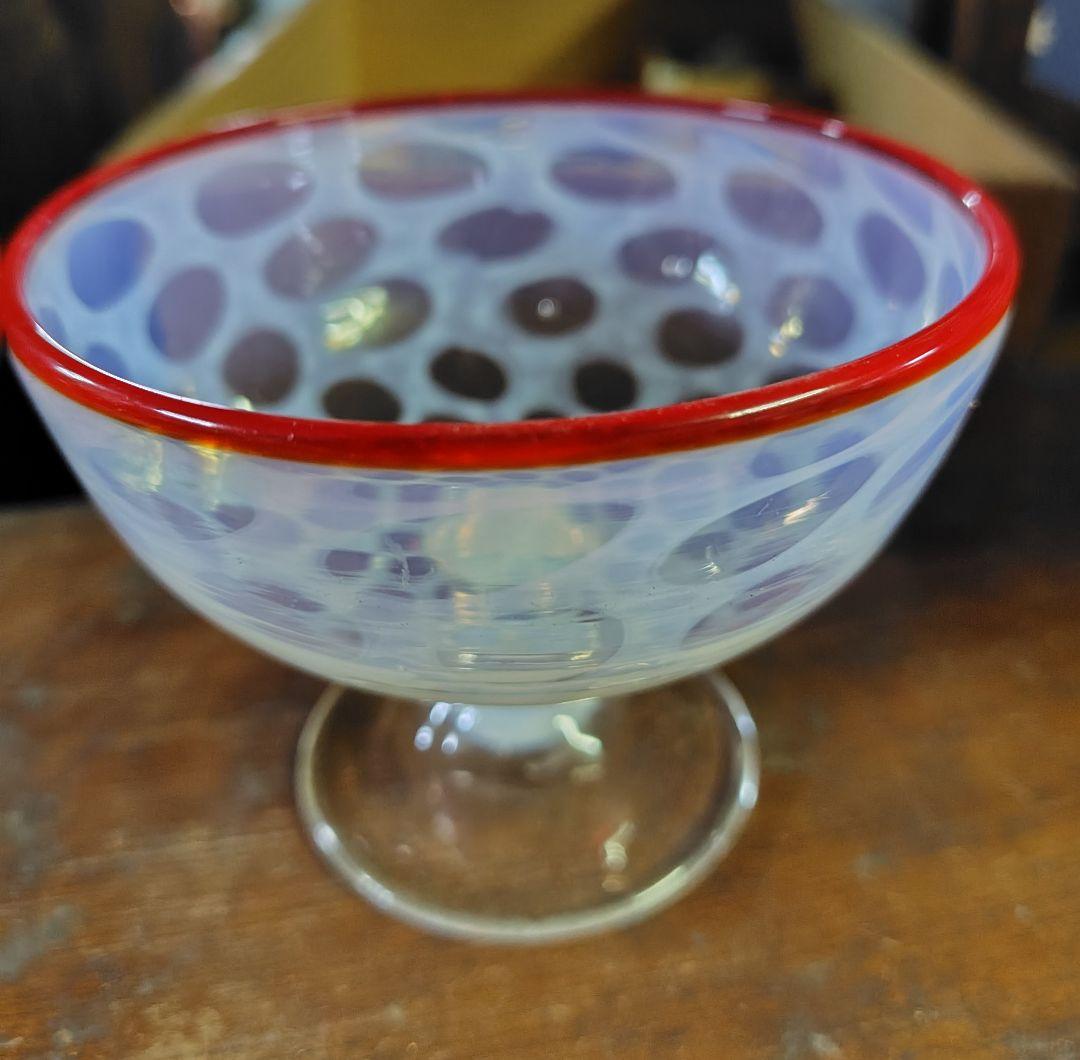 氷コップ 水玉 縁赤 乳白 明治 大正 昭和初期 アンティーク レトロ