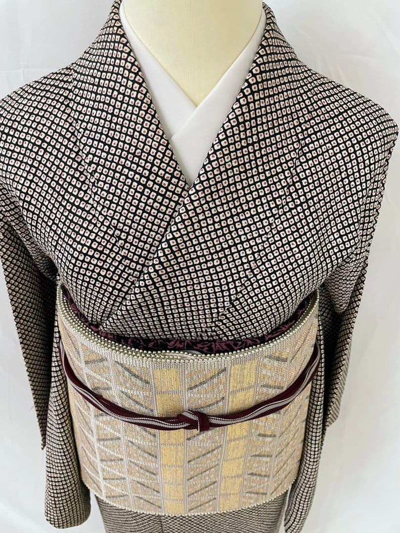 お見分け済　美品　正絹袷　染疋田　小紋　袋帯