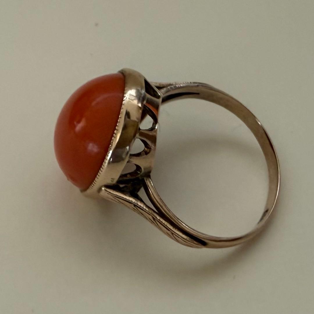 専用アンティークK14YG珊瑚サンゴリング　ミルグレインに手彫り　色の綺麗な珊瑚