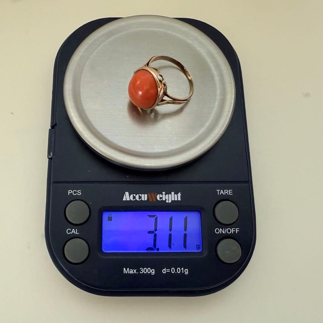 専用アンティークK14YG珊瑚サンゴリング　ミルグレインに手彫り　色の綺麗な珊瑚