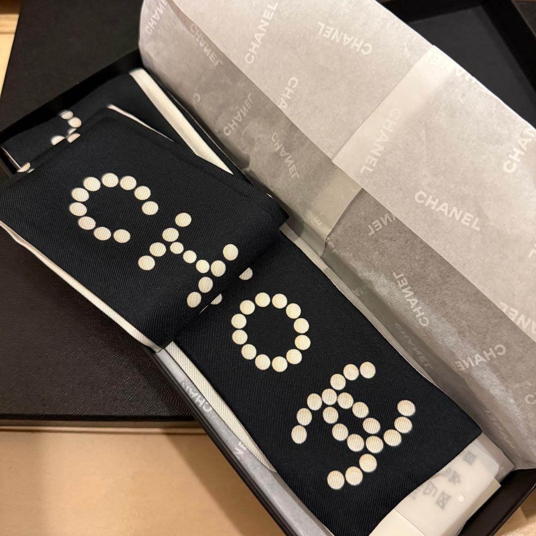 25C CHANELヘアバンド スカーフ シルク ブラック×ホワイト