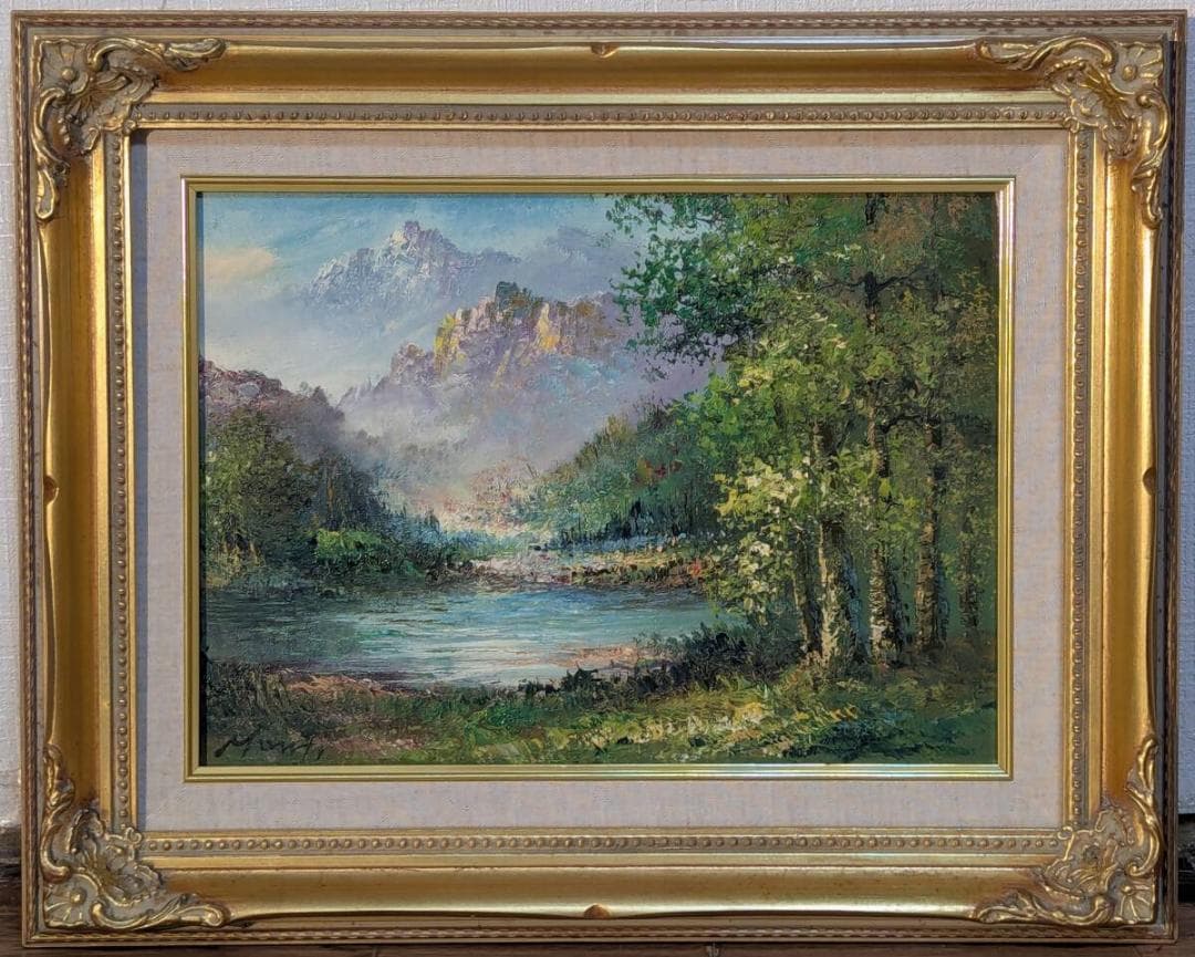 【真作】絵画　油彩4号　印象派風　山岳と湖の風景　アート作品　X51