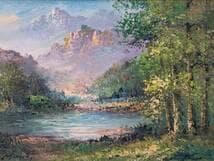 【真作】絵画　油彩4号　印象派風　山岳と湖の風景　アート作品　X51