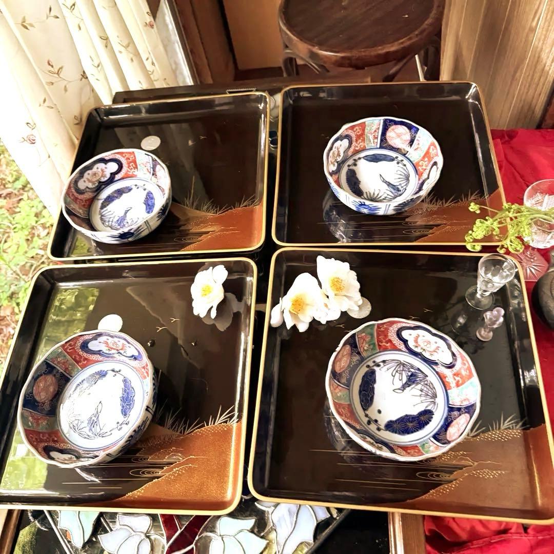 新春特別価格‼️牡丹❌桃　伊萬里桃手松竹梅大膾皿5客　在銘大化年製