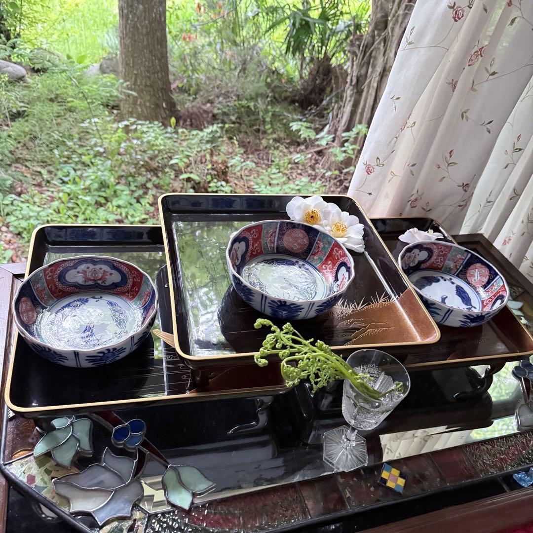 新春特別価格‼️牡丹❌桃　伊萬里桃手松竹梅大膾皿5客　在銘大化年製