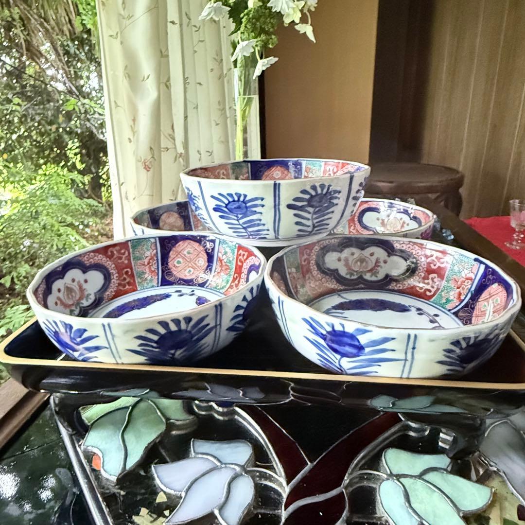 新春特別価格‼️牡丹❌桃　伊萬里桃手松竹梅大膾皿5客　在銘大化年製