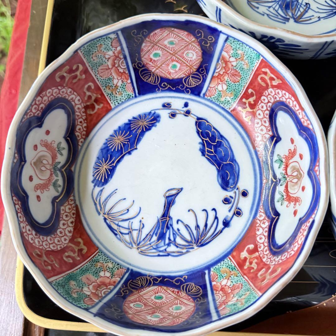 新春特別価格‼️牡丹❌桃　伊萬里桃手松竹梅大膾皿5客　在銘大化年製