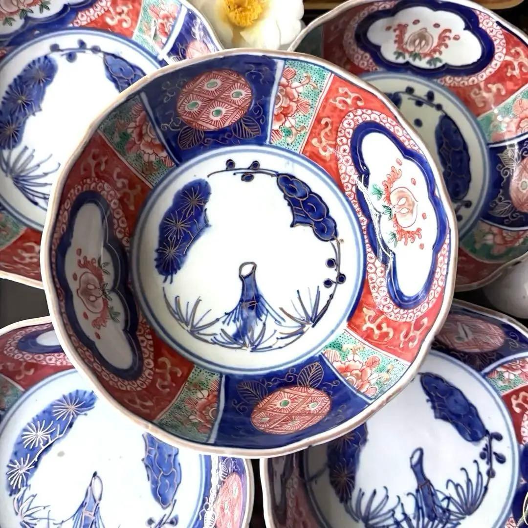 新春特別価格‼️牡丹❌桃　伊萬里桃手松竹梅大膾皿5客　在銘大化年製