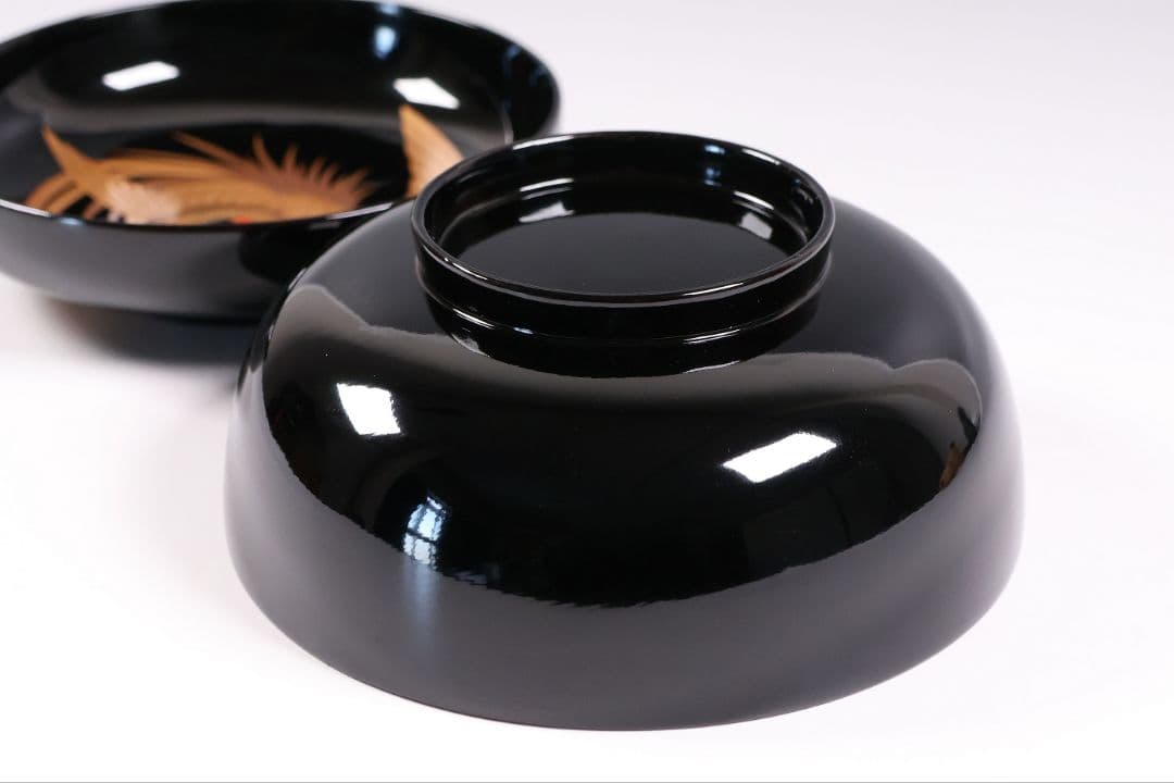 【CM396】天然木漆塗 菊桐鳳凰金蒔絵 黒塗 煮物椀 1客 昭和期 木製漆器