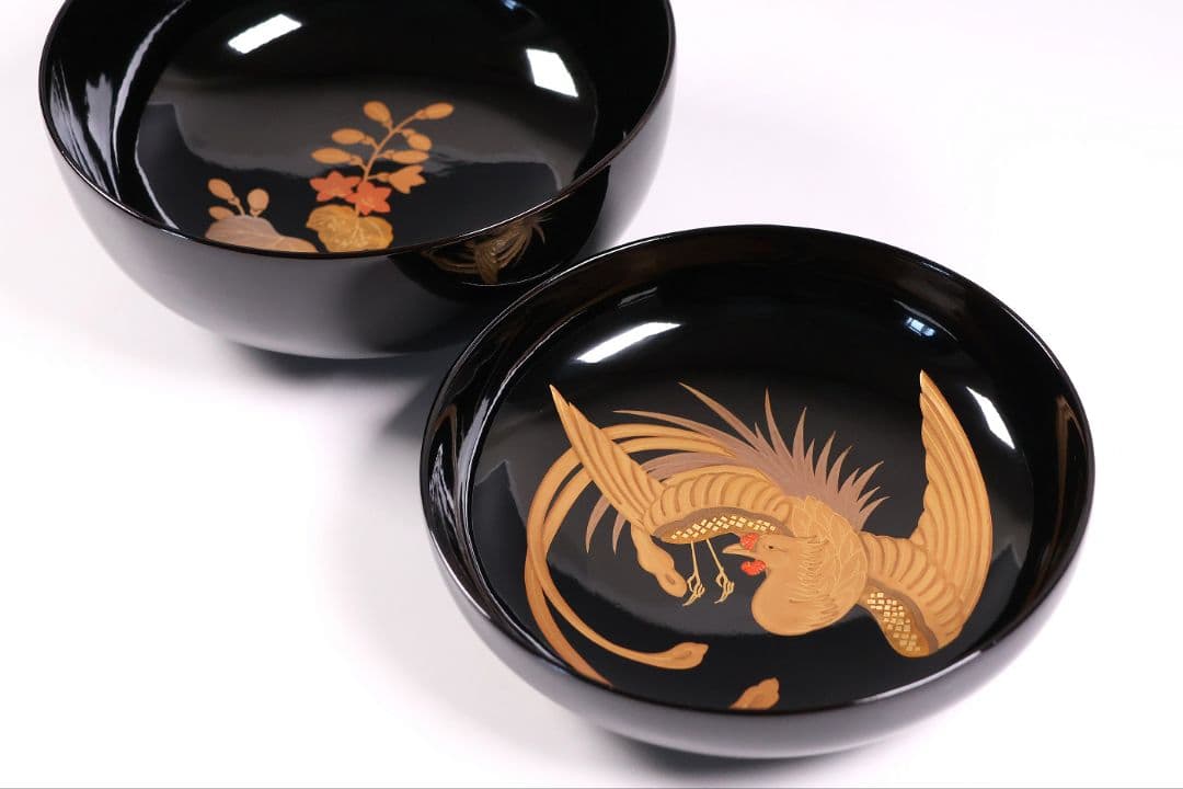 【CM396】天然木漆塗 菊桐鳳凰金蒔絵 黒塗 煮物椀 1客 昭和期 木製漆器