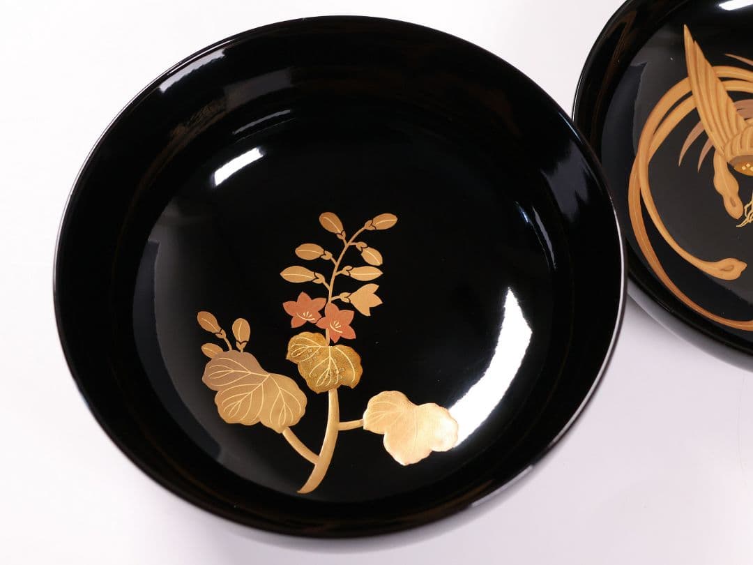 【CM396】天然木漆塗 菊桐鳳凰金蒔絵 黒塗 煮物椀 1客 昭和期 木製漆器