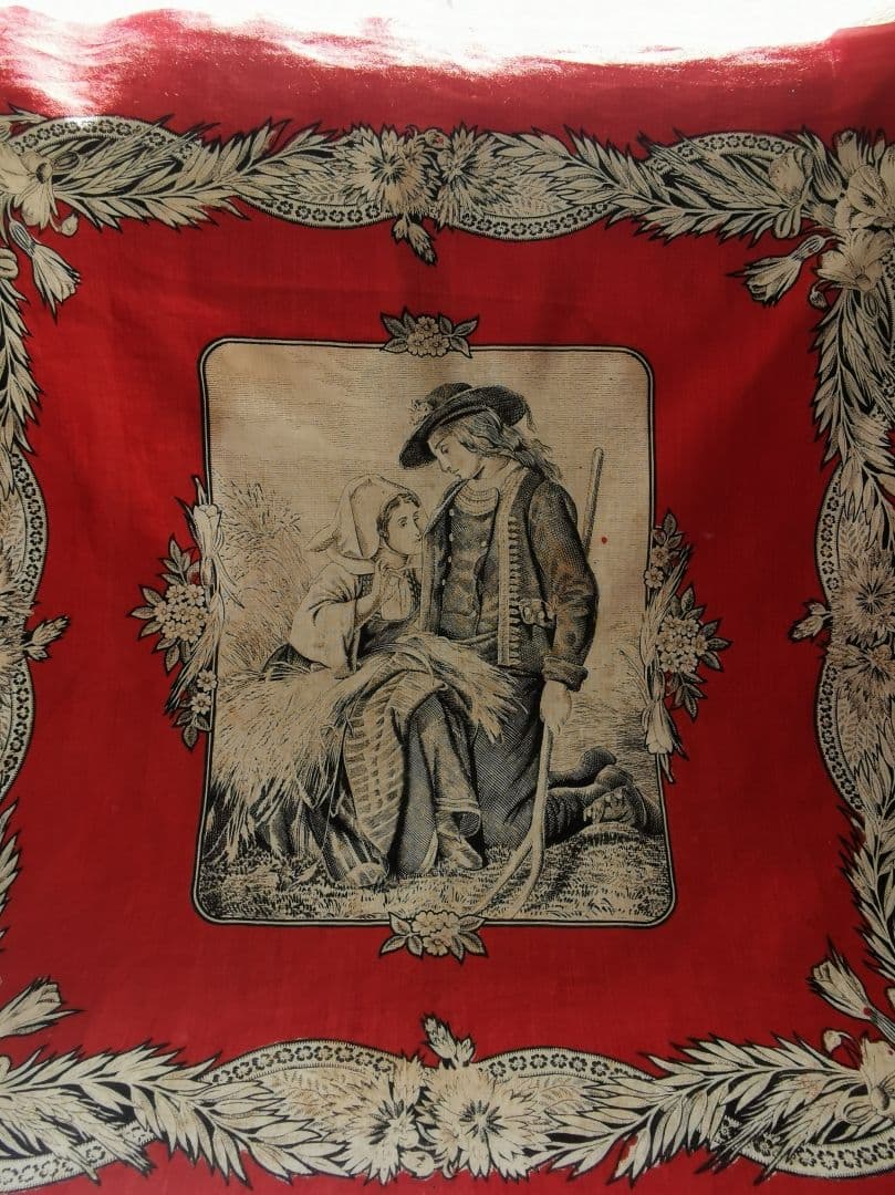 アンティークフランス トワルドジュイクロス 農村のカップル 繕う女性 田園風景