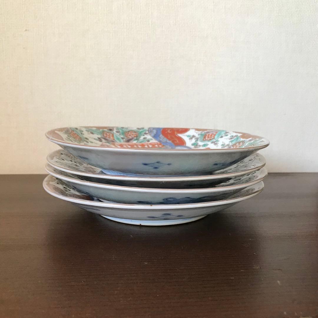 ＊古伊万里　色絵皿　柘榴　竹垣　4客　アンティーク　レトロ　古道具＊