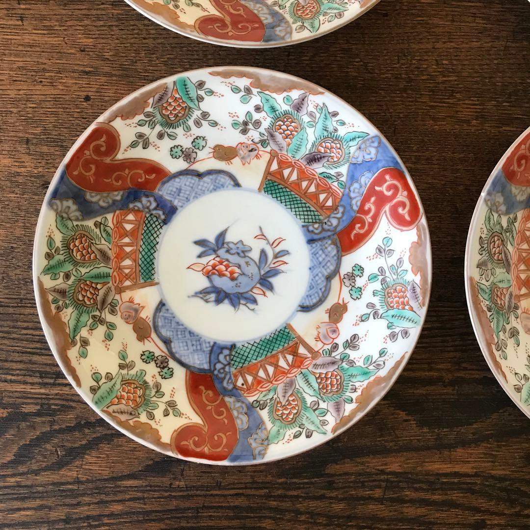 ＊古伊万里　色絵皿　柘榴　竹垣　4客　アンティーク　レトロ　古道具＊