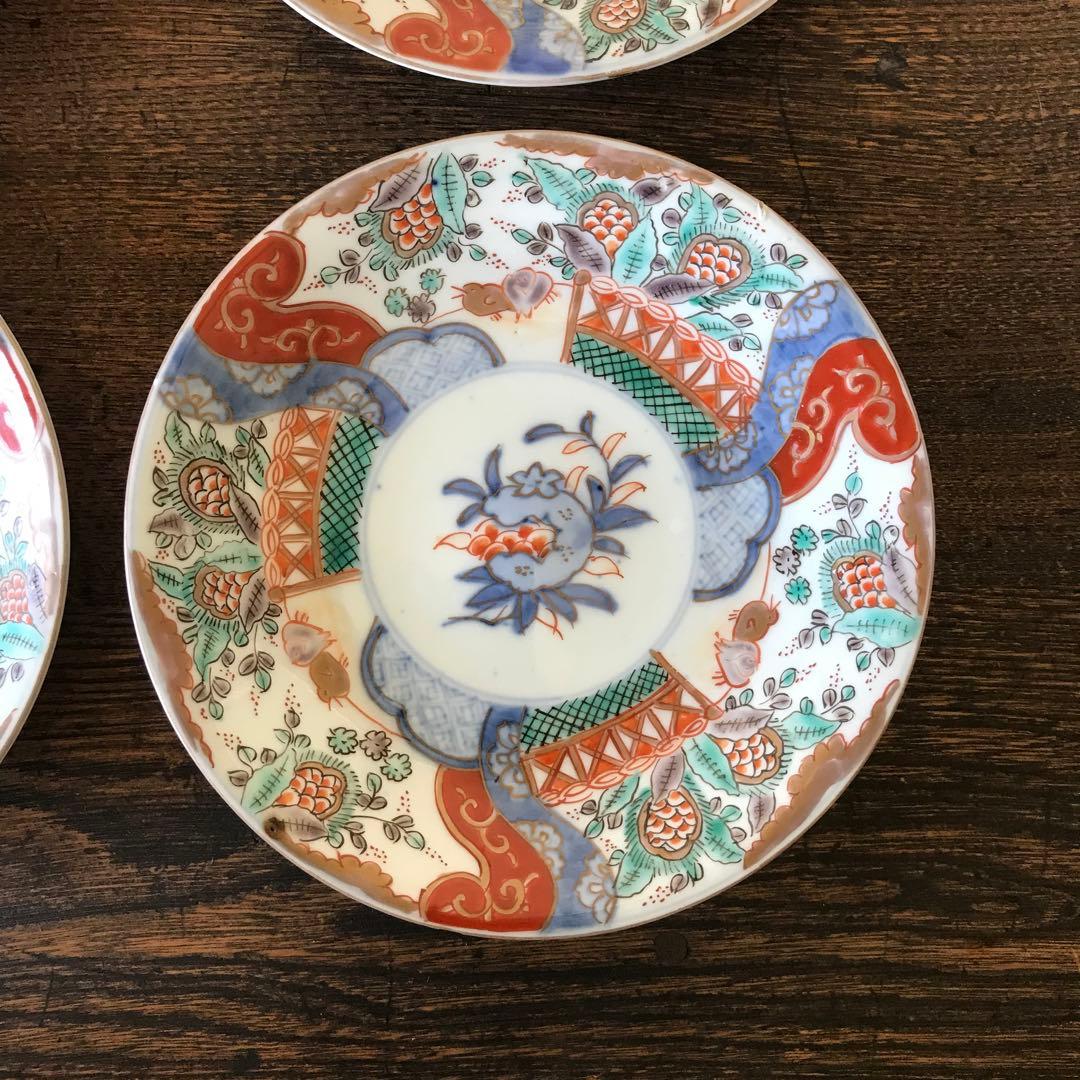 ＊古伊万里　色絵皿　柘榴　竹垣　4客　アンティーク　レトロ　古道具＊