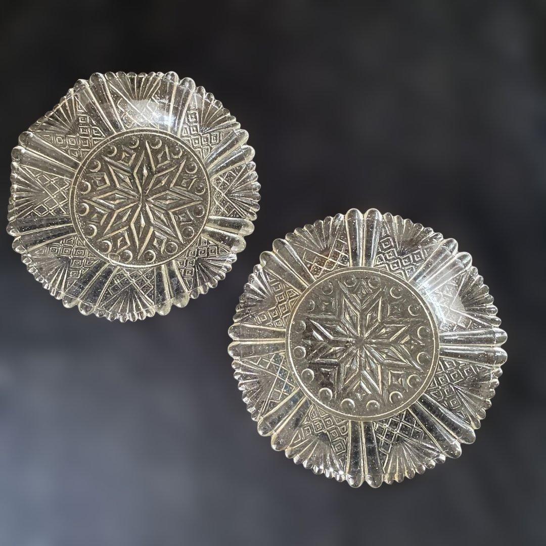 骨董 アンティーク プレスガラス皿 古ガラス 民芸 明治 大正　2個セット