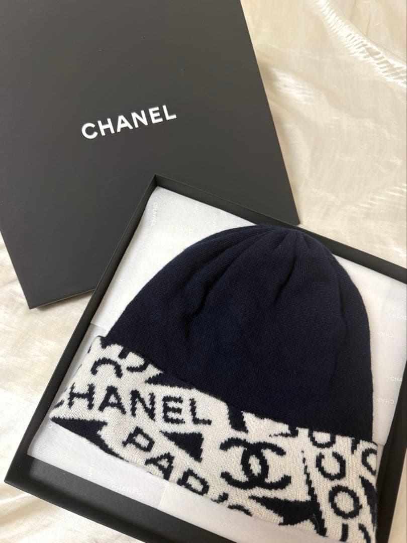 シャネル CHANEL ニット帽 ネイビー/ホワイト