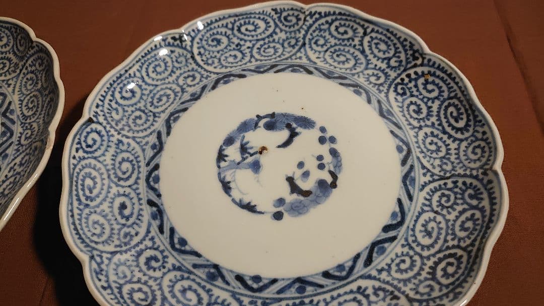 古伊万里　伊万里　染付　蛸唐草　唐草文　中皿　菓子皿　蔵出し　江戸期　２客