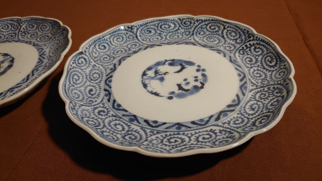 古伊万里　伊万里　染付　蛸唐草　唐草文　中皿　菓子皿　蔵出し　江戸期　２客