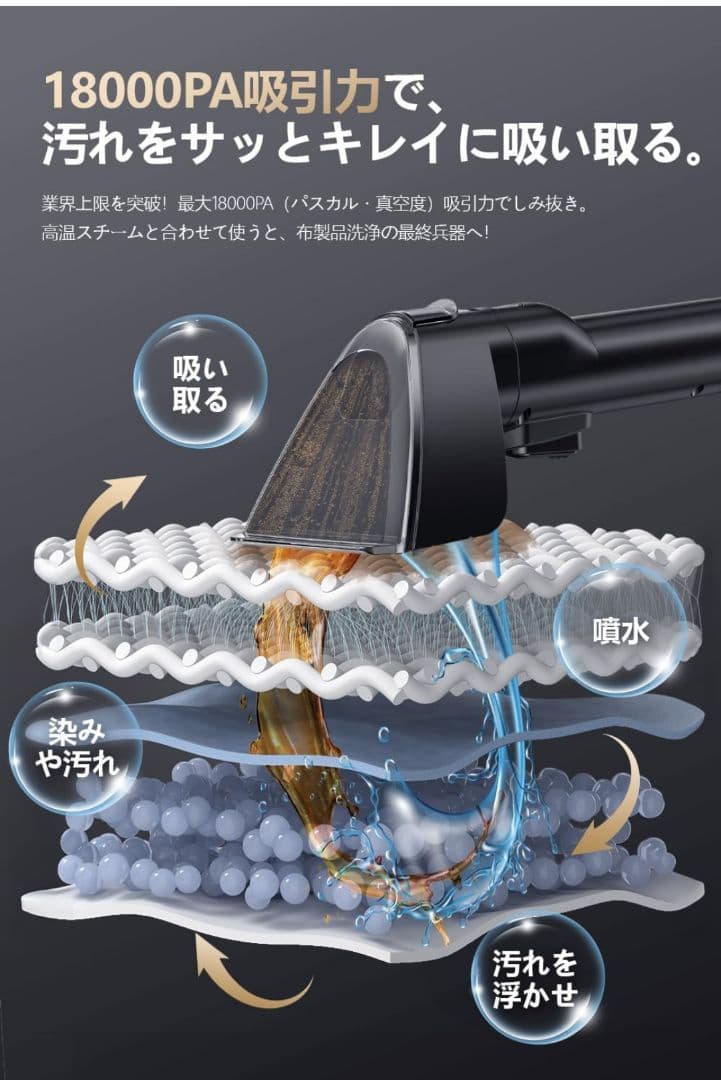 カーペットクリーナー スチーム式 加熱式 100℃蒸気噴射 18000Pa吸引力