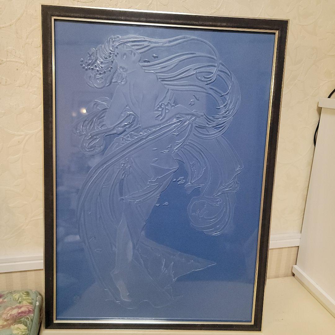 エッチング ガラス彫刻　ヴィンテージアート工芸品　額入り　ミュシャの絵モチーフ
