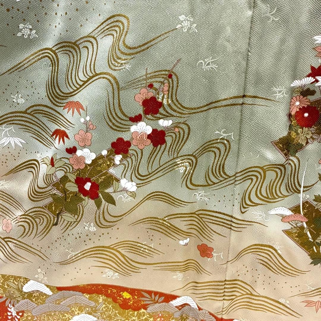 D44 訪問着 枝垂れ桜 荒波 金彩 正絹 着物 袷 極美品