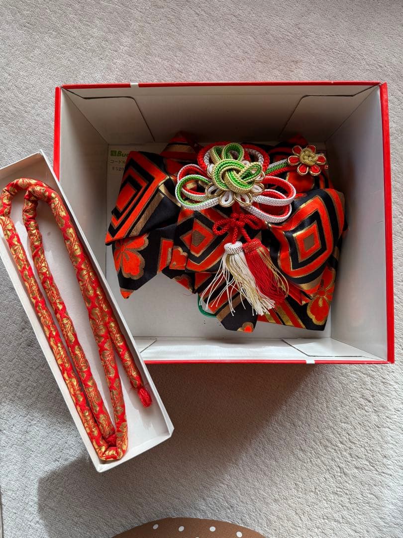 七五三 7歳用子ども着物&帯セット 赤 花柄 昭和レトロ