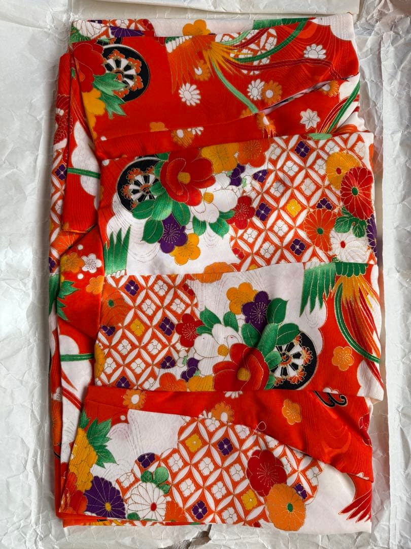 七五三 7歳用子ども着物&帯セット 赤 花柄 昭和レトロ