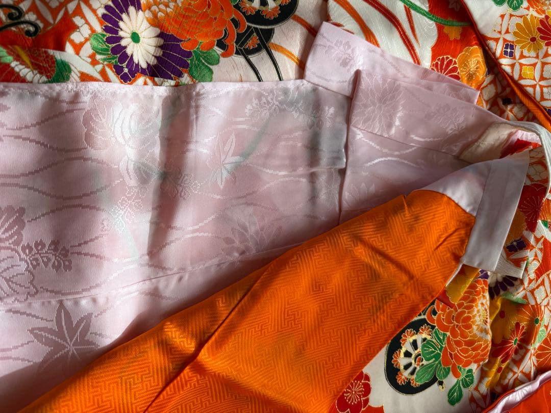 七五三 7歳用子ども着物&帯セット 赤 花柄 昭和レトロ