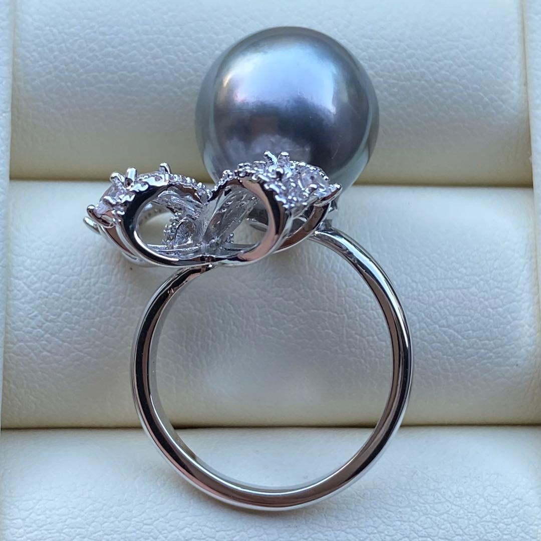 本真珠　南洋黒蝶真珠タヒチパールリング　14*13.5mmグレーグリーンL981