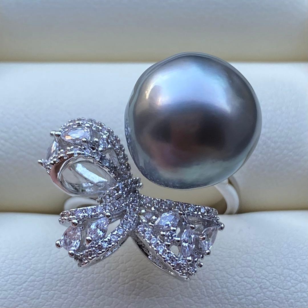 本真珠　南洋黒蝶真珠タヒチパールリング　14*13.5mmグレーグリーンL981