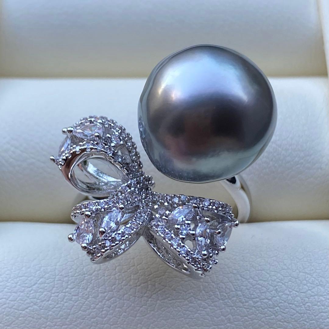 本真珠　南洋黒蝶真珠タヒチパールリング　14*13.5mmグレーグリーンL981