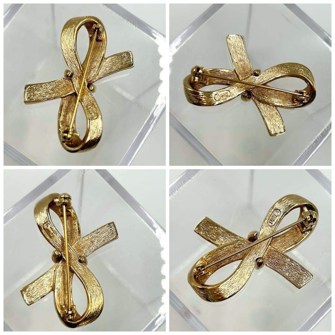 【美品】Christian Dior　リボン　ブローチ　ラインストーン　袋付き