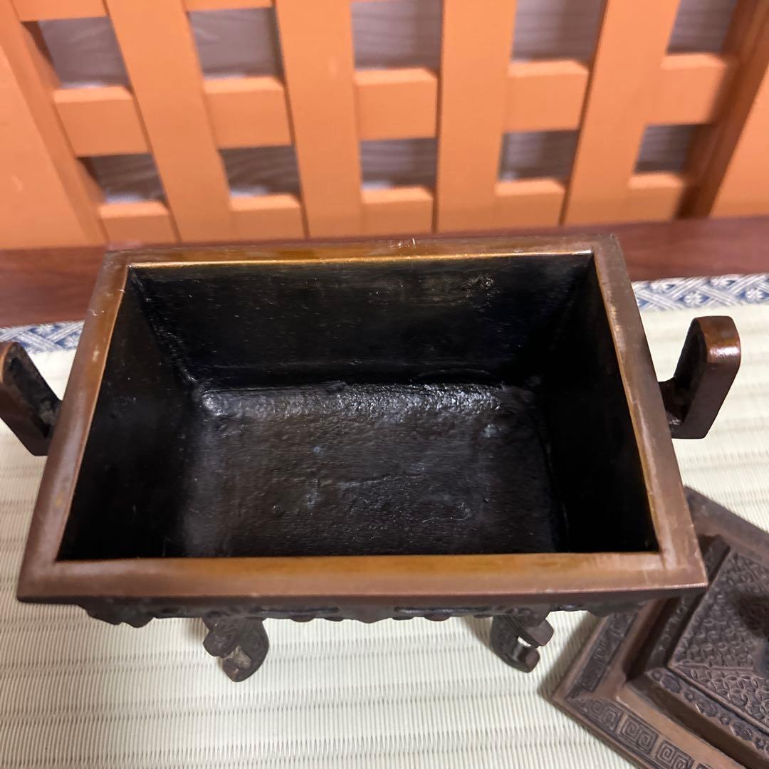 高岡銅器　米田陵山作　鋳銅　獅子摘　四方香炉