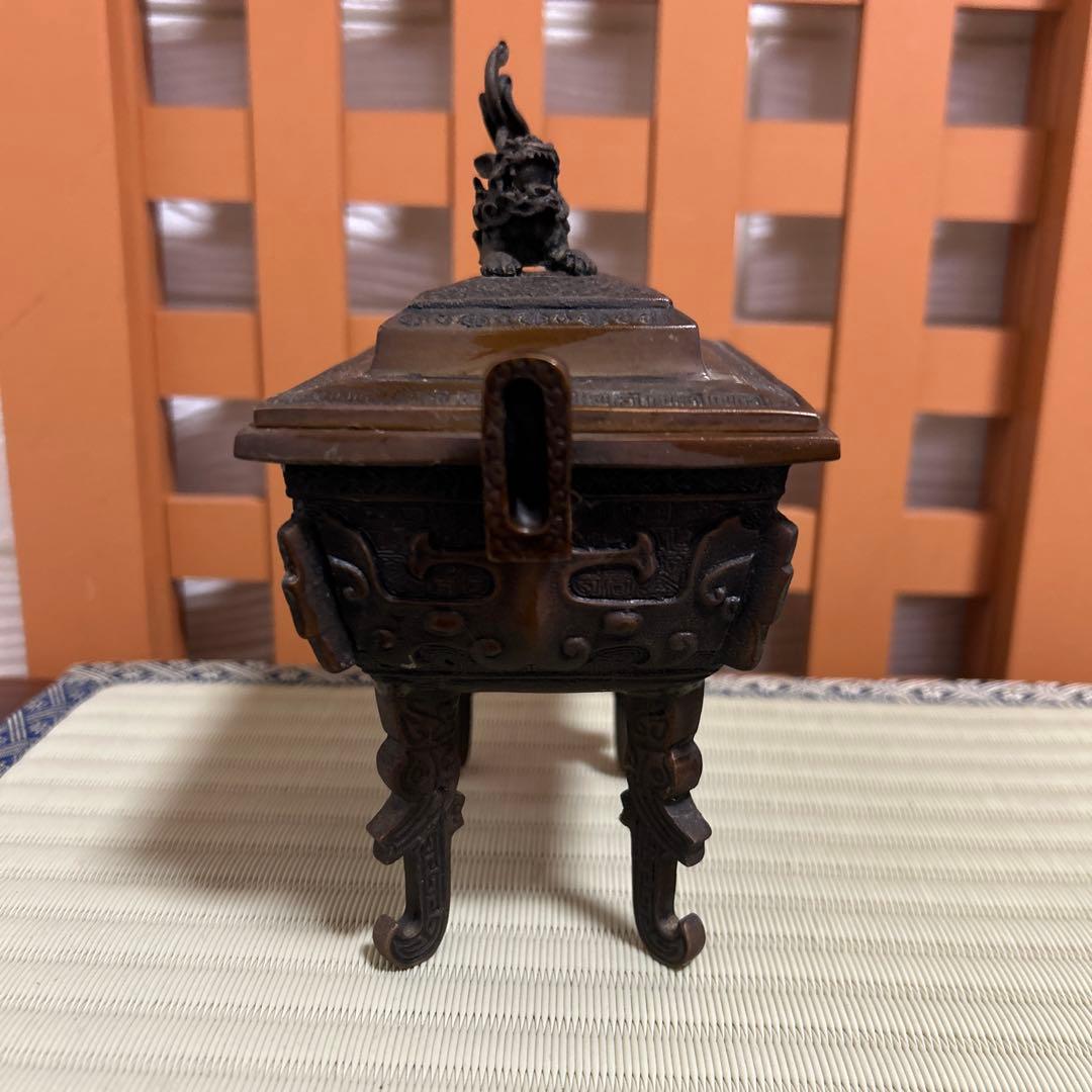 高岡銅器　米田陵山作　鋳銅　獅子摘　四方香炉