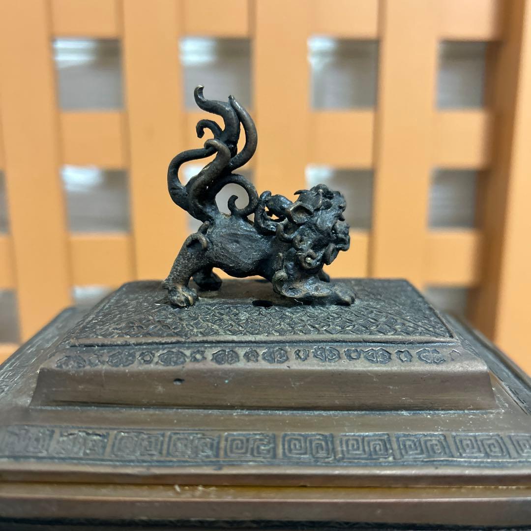 高岡銅器　米田陵山作　鋳銅　獅子摘　四方香炉