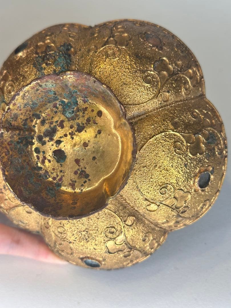 中国古董 唐代 青銅製 鎏金花口鉢