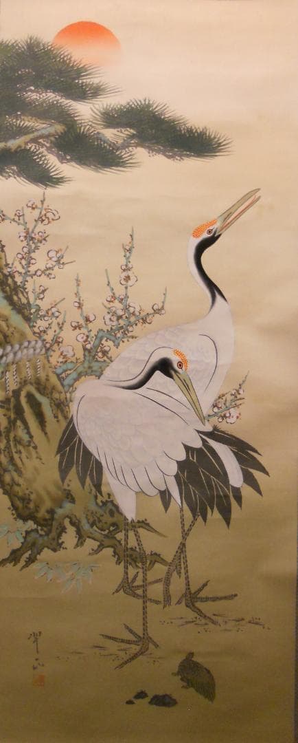 掛け軸 翠正 『 双鶴 』 絹本 希少 軸装 茶道具 掛軸 美品 です。