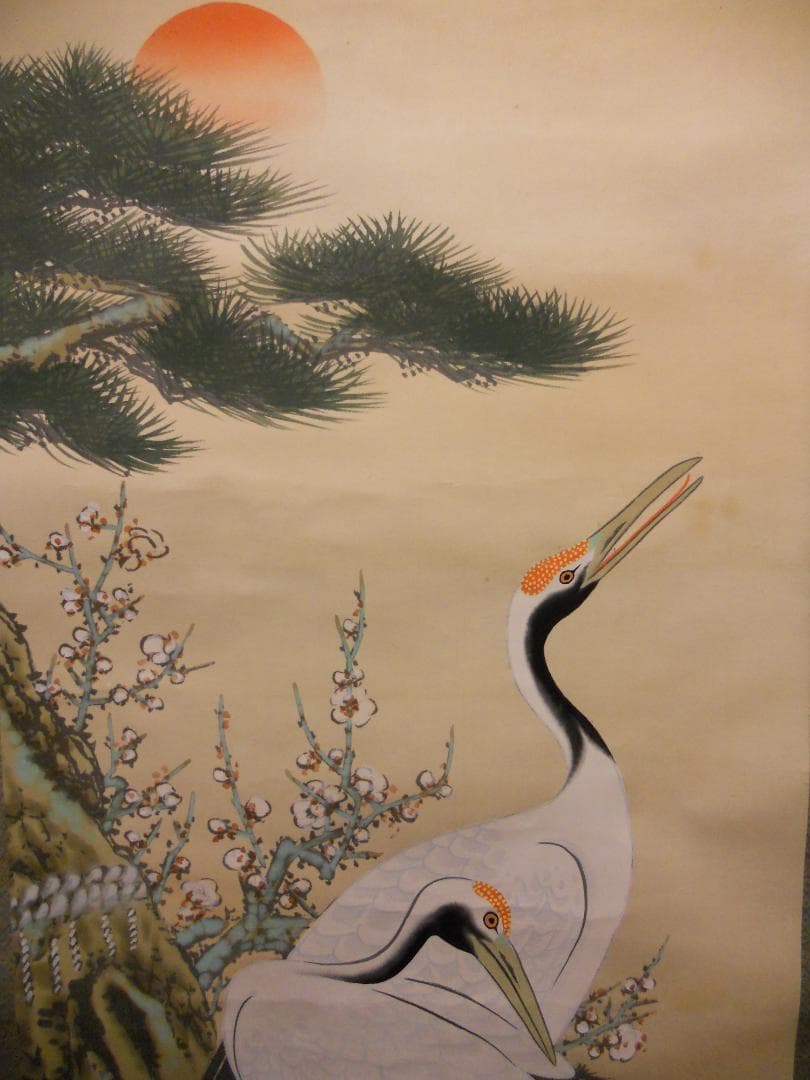 掛け軸 翠正 『 双鶴 』 絹本 希少 軸装 茶道具 掛軸 美品 です。