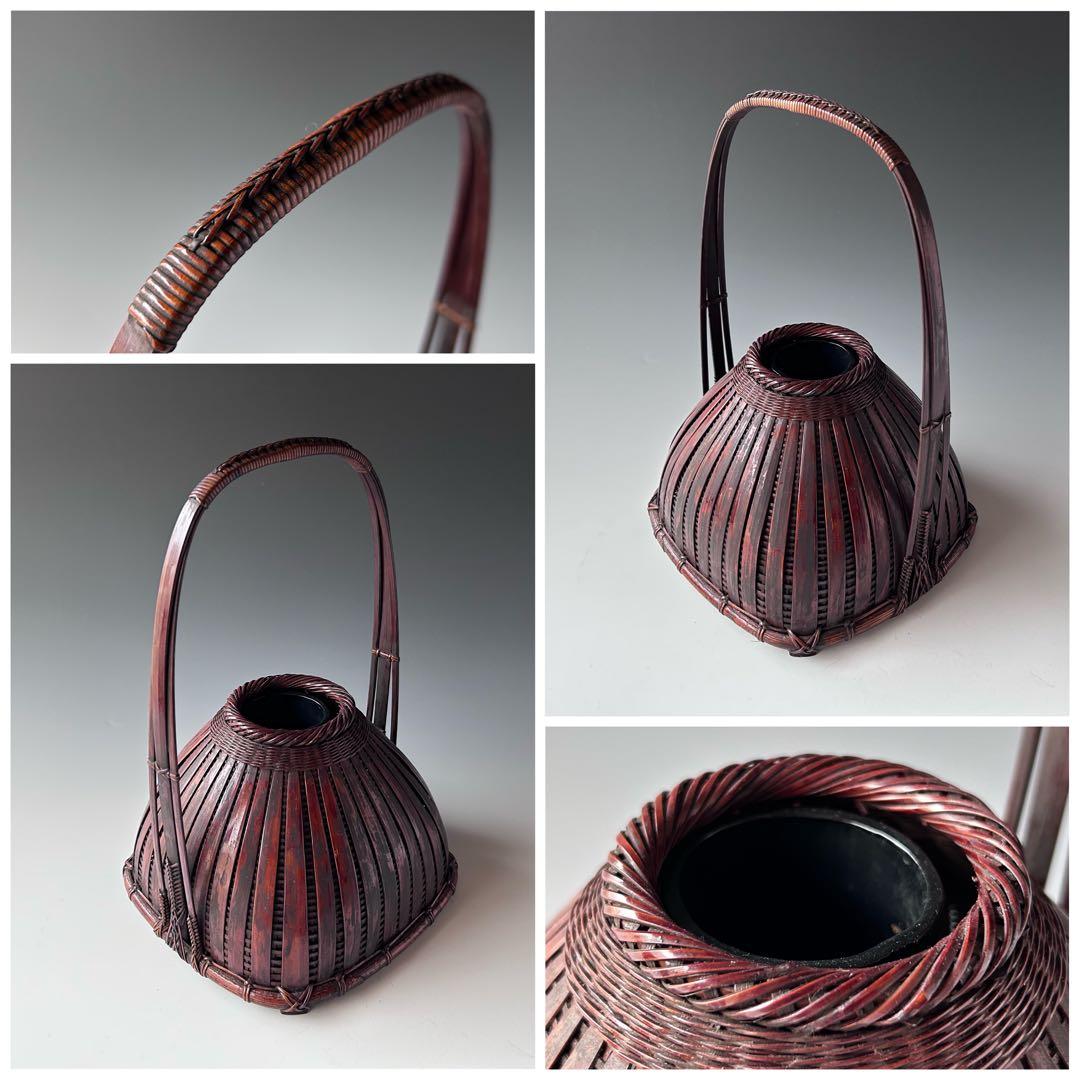 茶道具　煤竹　脛当篭　花入　船橋重郎　共箱　明治　大正　竹工芸　花器　花活け